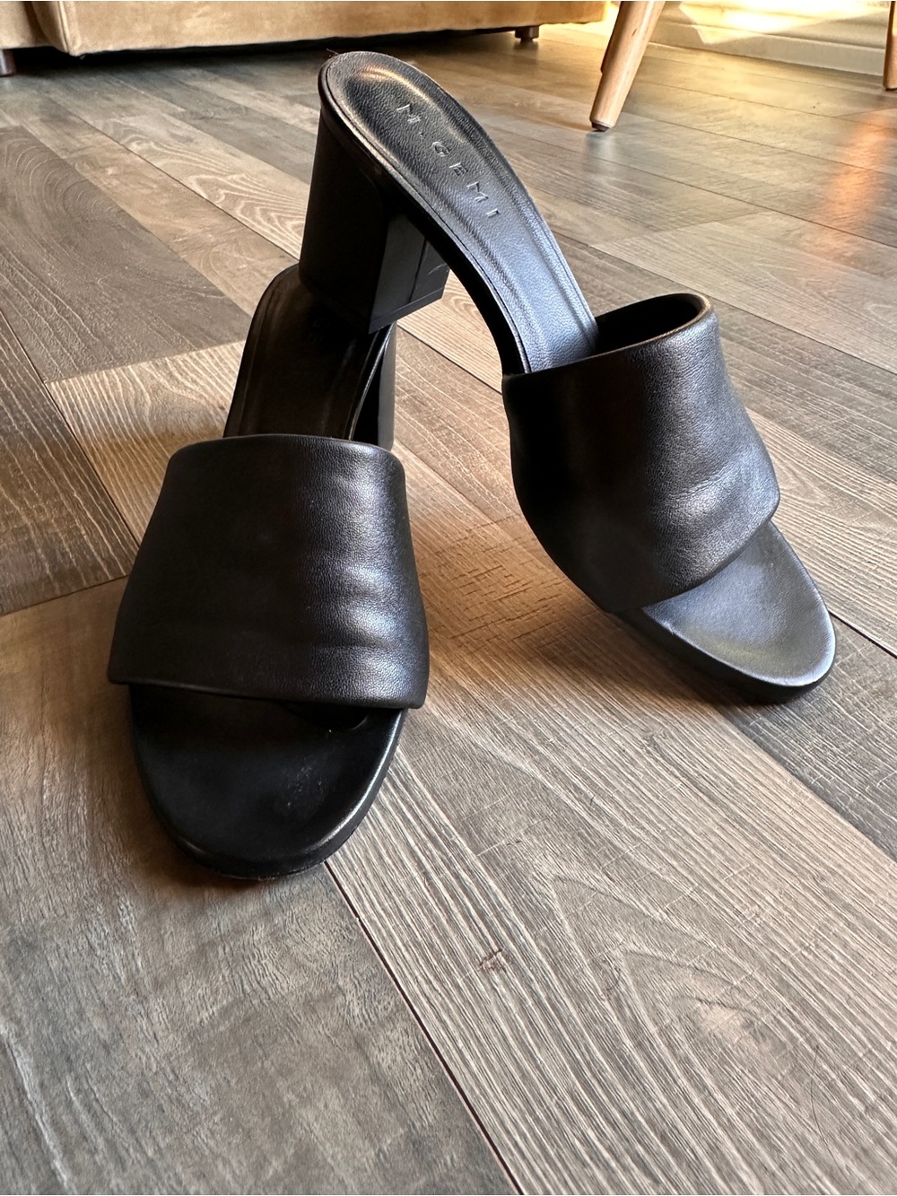 M. Gemi Black Leather Slide Block Heel Mules